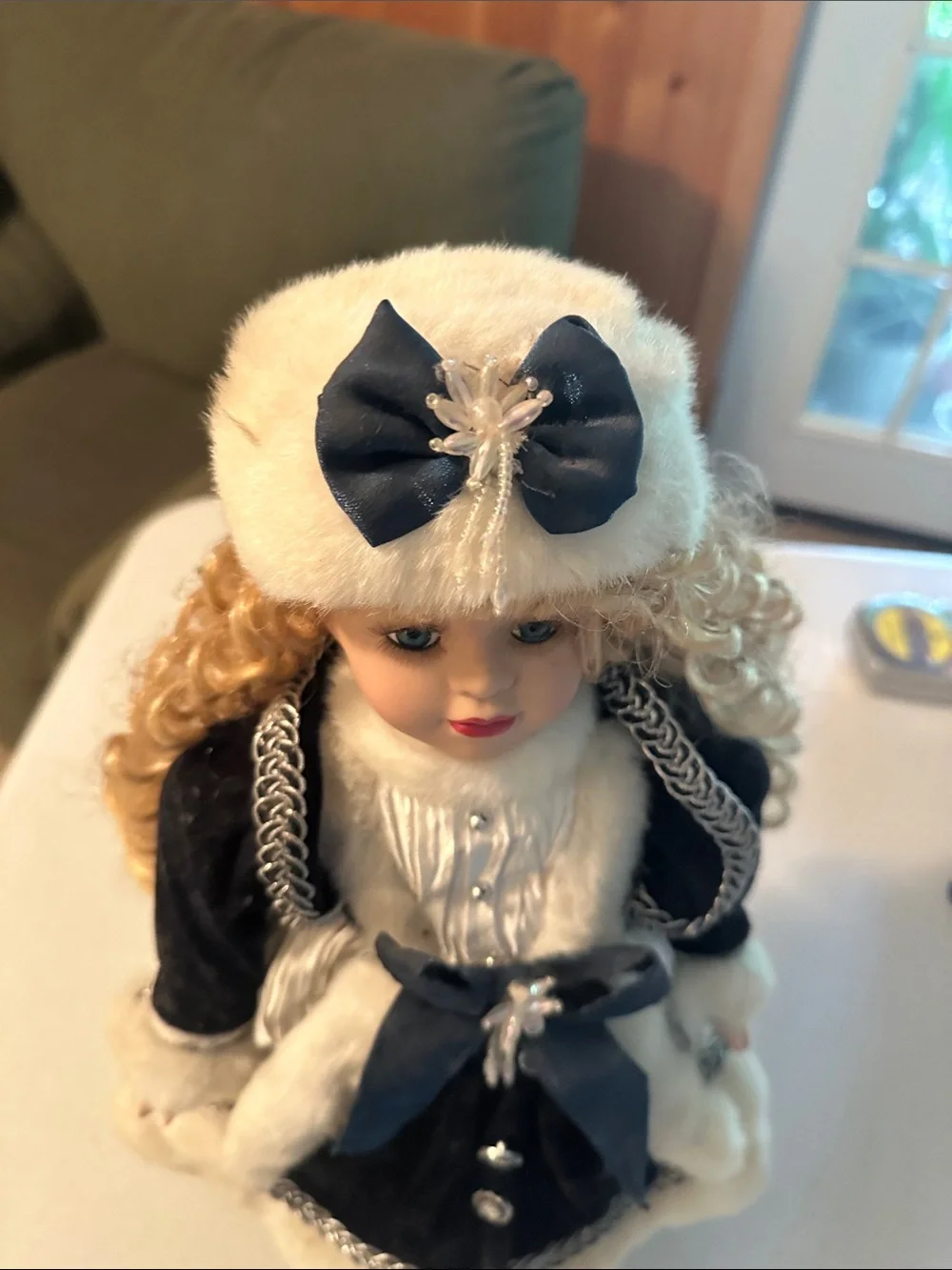 Vintage/ Angelina Collection Navy Velvet Holiday Doll with Cream Faux Fur Trim